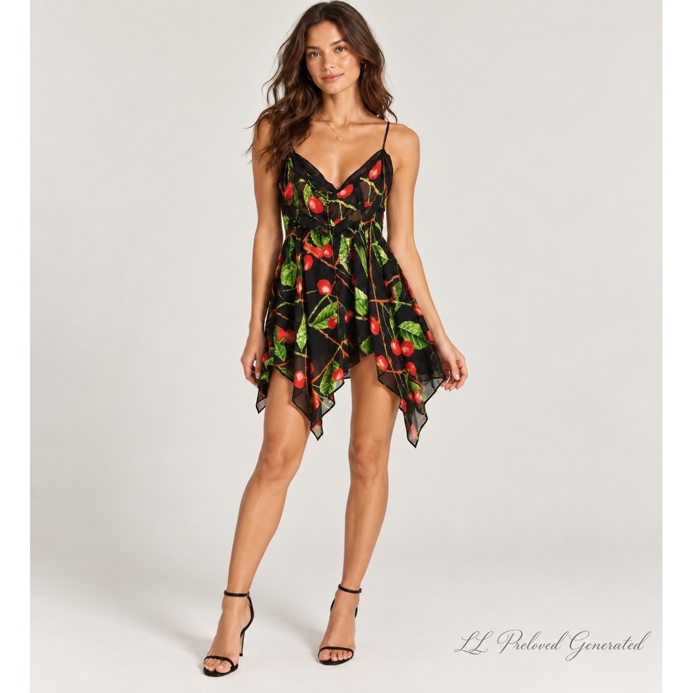 Mazing Girl Silk Dress Womens XS Black Cherry Print Excellent Bustier Coquette